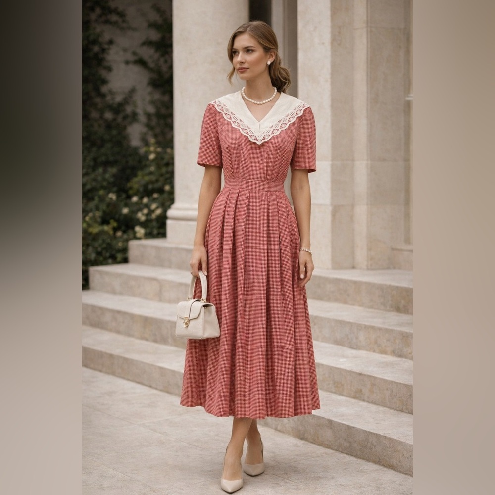 Vintage L.G. Star Red Gingham Prairie Dress Lace Collar Midi Size 8 Cottagecore